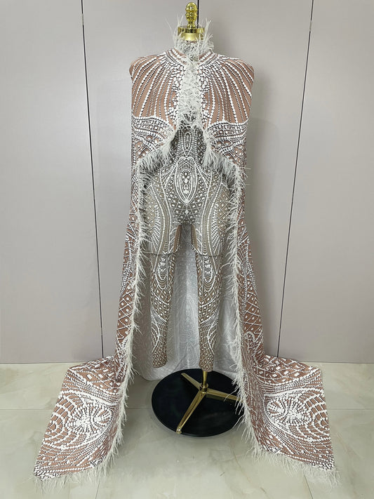 Luxury Feathers Cloak White Printing Sexy Sheath Jumpsuit Women Evening Party Bar Nightclub Singer Stage Performance Costume MULTI