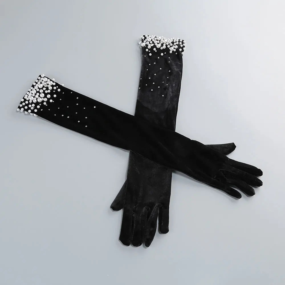 Women's Light Luxury Nail Bead Design Velvet Dress+Neck+Glove Design Strapless Sleeveless Bodycon Split Body Long Dresses