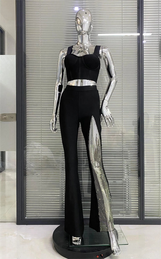 2023 Summer Women Sexy Tops Pants Set Bandage Fashion Shining Diamond Celebrate Nightclub Party Women's Set Wholesale black