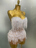 Sexy Pearl Sequins Tassel Sleeveless Glitter Mini Dress Women Singer Bar Nightclub Stage Performance Clothing Show Outfit