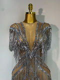 Luxury Sparkly Diamonds Tassels Sexy Mesh Sheer Long Dress Women Evening Birthday Party Nightclub Bar Festival Stage Costumes