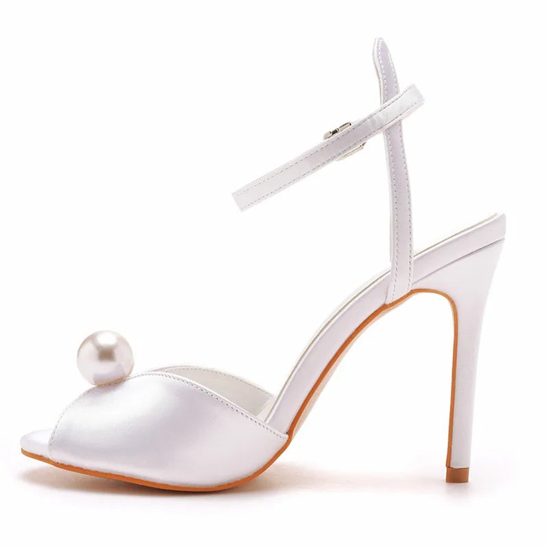 Star style Fashion Satin Pearls Peep toe Women Sandals Sexy Ankle Strap Stiletto High heels Gladiator Sandals Summer Party Shoes White