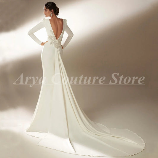 Vestido de novia elegante de sirena de manga larga con plisado hasta el suelo, Sexy, con espalda abierta, apliques, vestidos de novia personalizados delicados