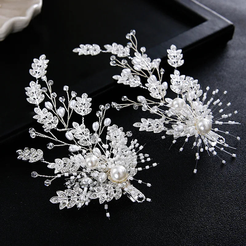 Wedding Accessories Pearl Rhinestones Hair Pin Clip Silver Color Hairpin For Brides Bridesmaids Leaf Head Piece Bridal Jewelry silver color