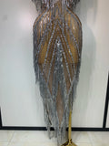 Luxury Sparkly Diamonds Tassels Sexy Mesh Sheer Long Dress Women Evening Birthday Party Nightclub Bar Festival Stage Costumes