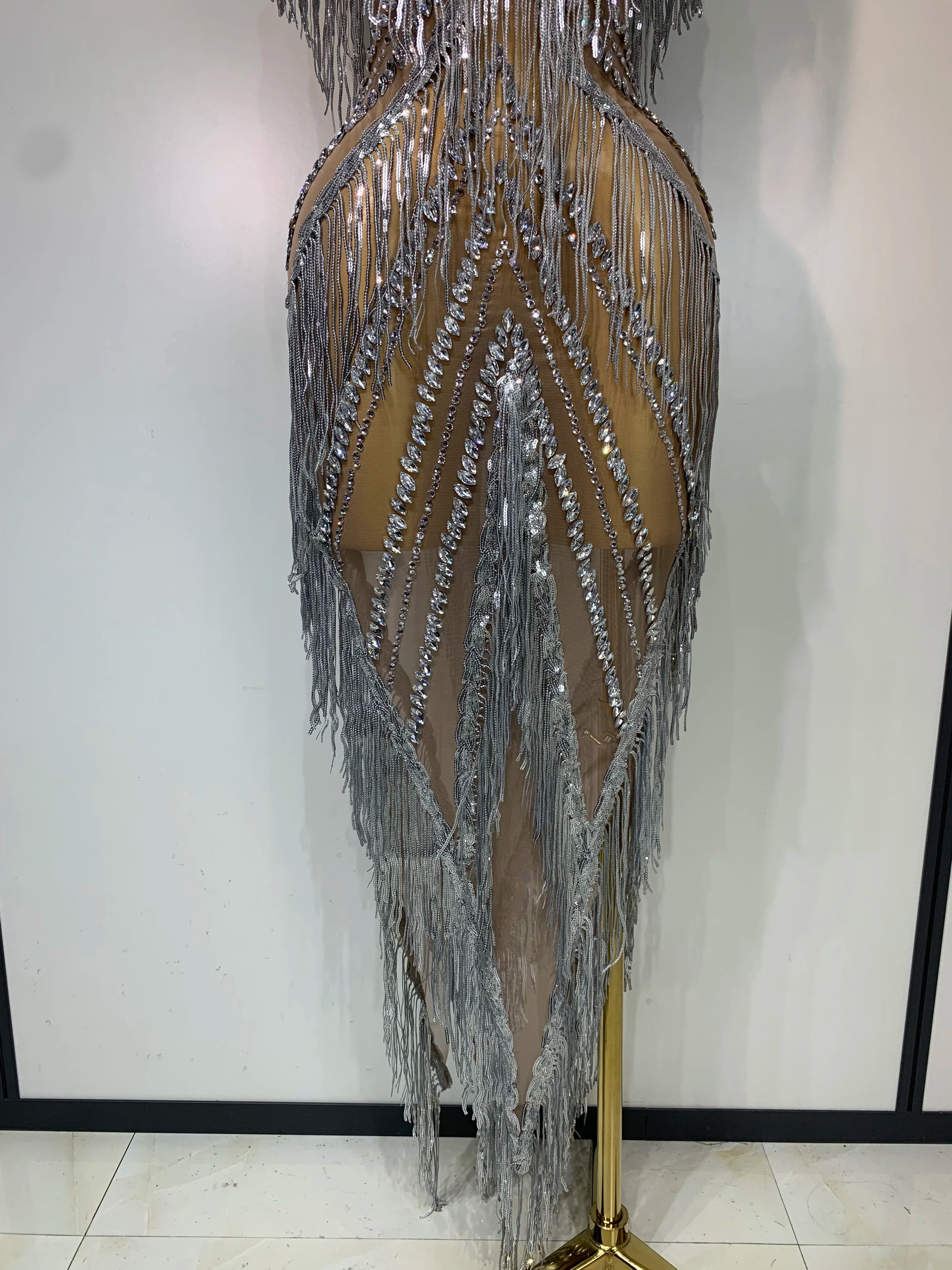 Luxury Sparkly Diamonds Tassels Sexy Mesh Sheer Long Dress Women Evening Birthday Party Nightclub Bar Festival Stage Costumes