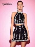 Sexy Women's Hot Diamond Top+Bandage Short Skirt Sets O-neck Sleeveless Short Tank Top+High Waist Short Skirt Two Piece Set