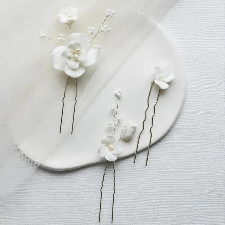 Wedding Accessories Porcelain Flower Hair Clip Pin Gold Silver Color Hairpin Brides Bridesmaids Women Head Piece Bridal Jewelry