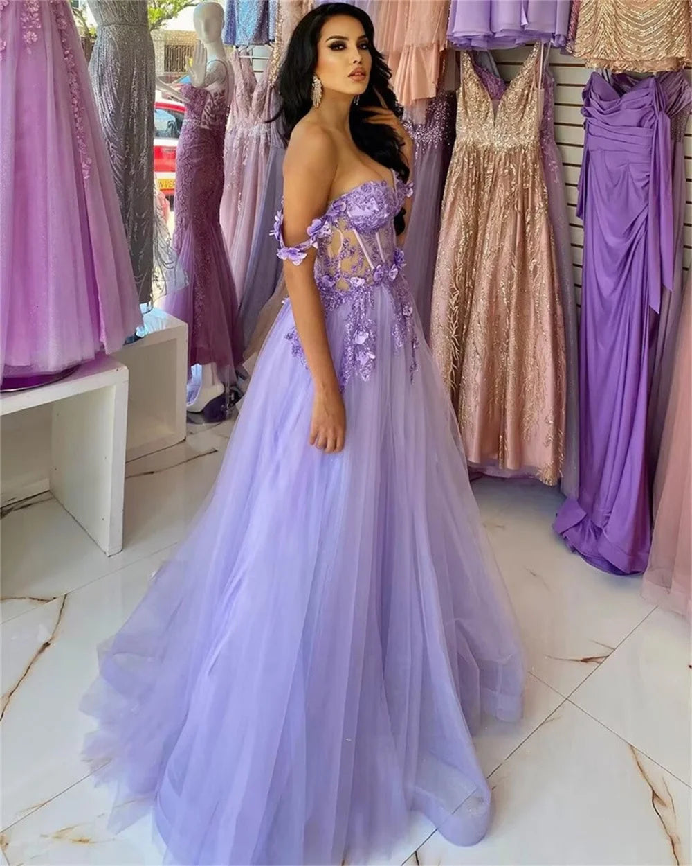 Princess Off Shoulder A-line Prom Dress Sweetheart Tulle Vestidos De Noche Lavender 3D Flower فساتين مناسبة رسمية