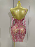 Sexy Sparkly Rhinestones Mesh Mini Dress With GlovesWomen Evening Birthday Party Celebrate Costume Dancer Stage Wear