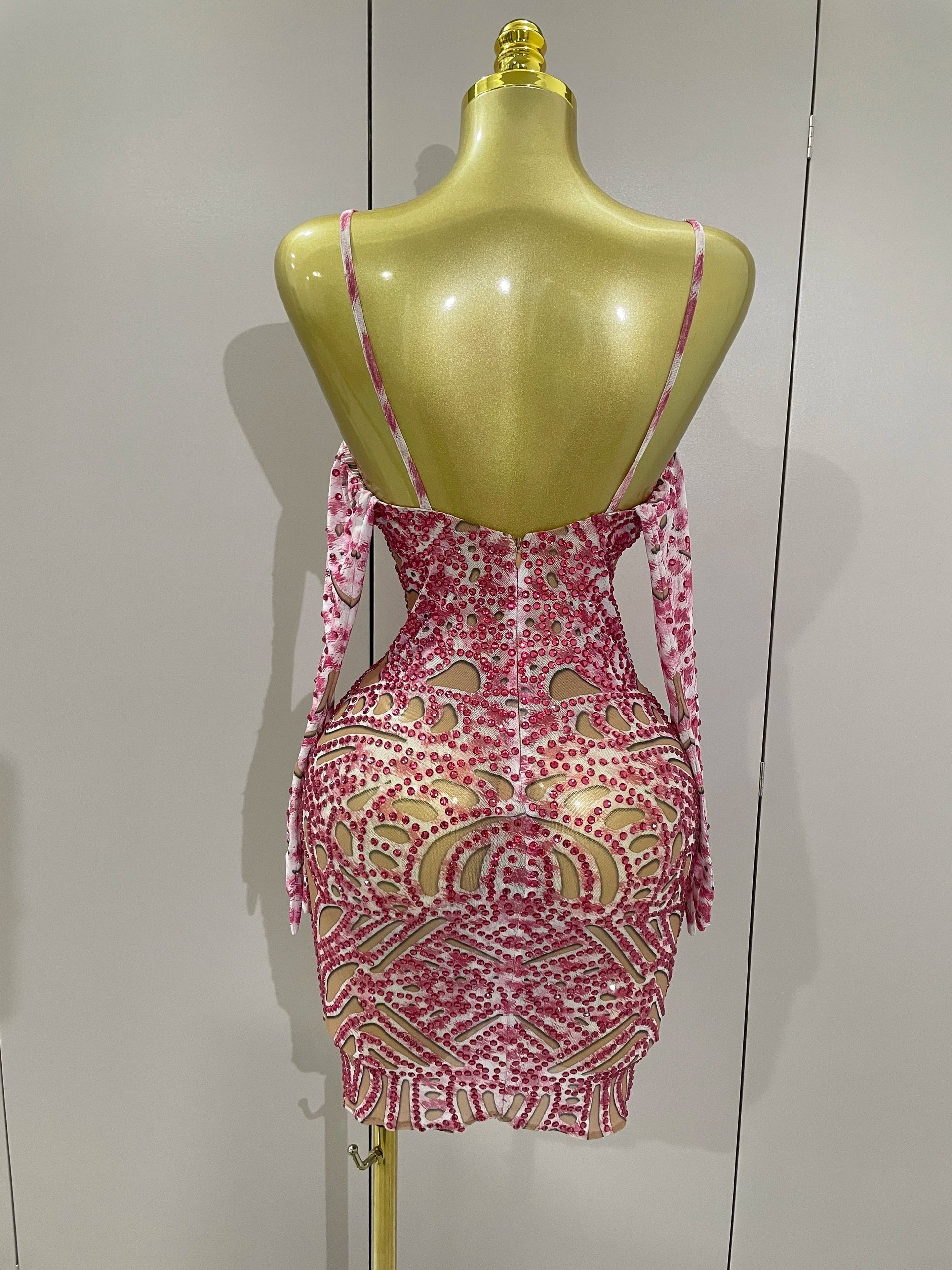 Sexy Sparkly Rhinestones Mesh Mini Dress With GlovesWomen Evening Birthday Party Celebrate Costume Dancer Stage Wear