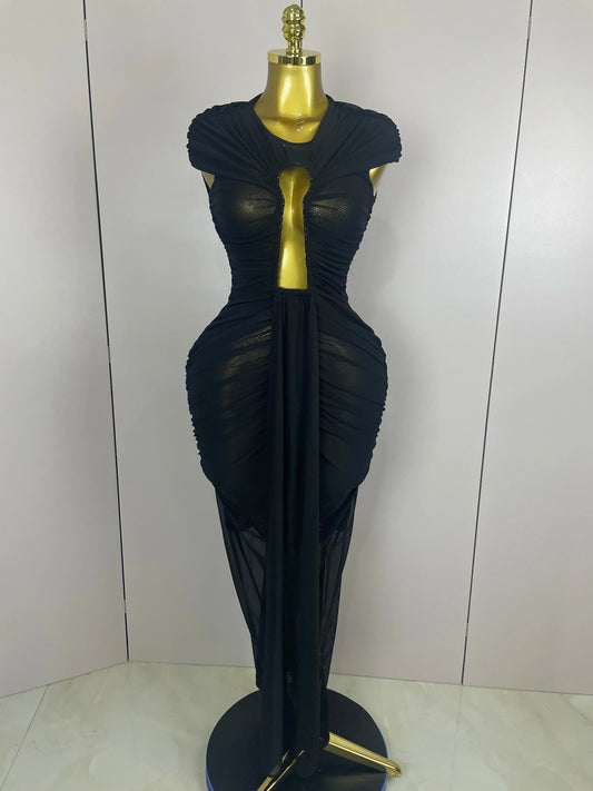 Sexy Sleeveless O-Neck Bodycon Mesh Long Dress Women Hollow Out Celebrate Fashion Show Celebrity Evening Party Club Dress black