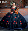 Customized Black Charro Mexican Quinceanera Dress Off Shoulders Rose Embroidery Debutante Vestido De 15 Xv Años Puffy Gothic black
