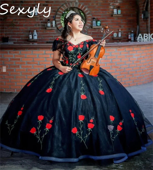 Customized Black Charro Mexican Quinceanera Dress Off Shoulders Rose Embroidery Debutante Vestido De 15 Xv Años Puffy Gothic black