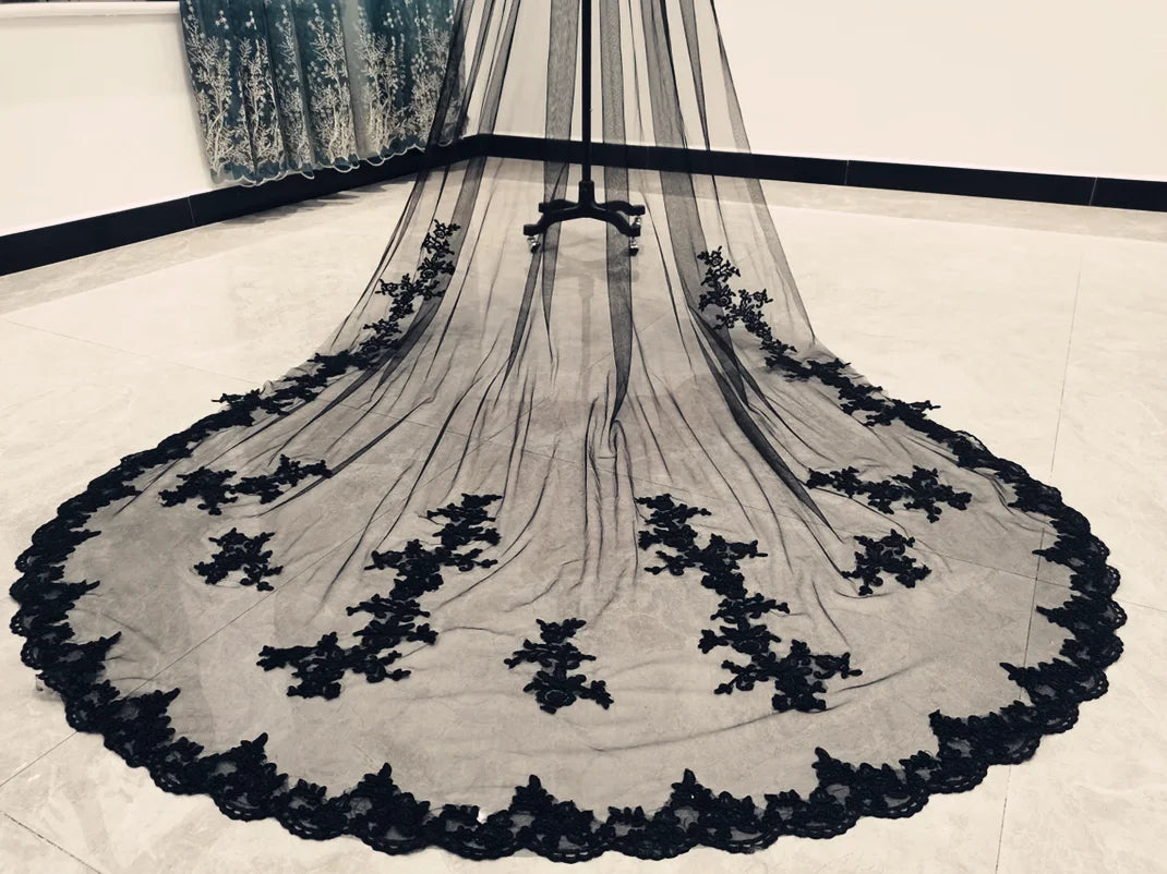 1 Layer Black Applique Wedding Veil Lace Cathedral Length Bridal Veil