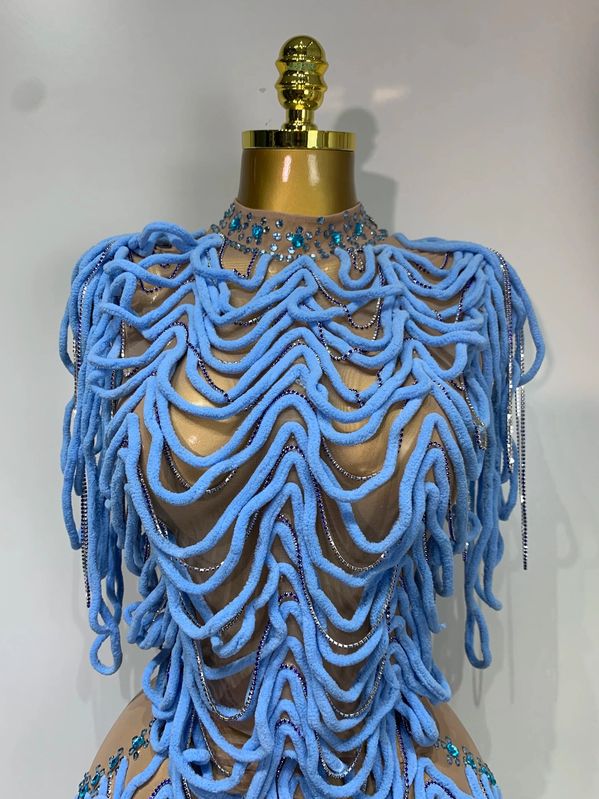 Women Sexy Mesh See Through Sparkly Rhinestones Chain Stage Costume Nightclub Celebrate Evening Party Performance Outfit