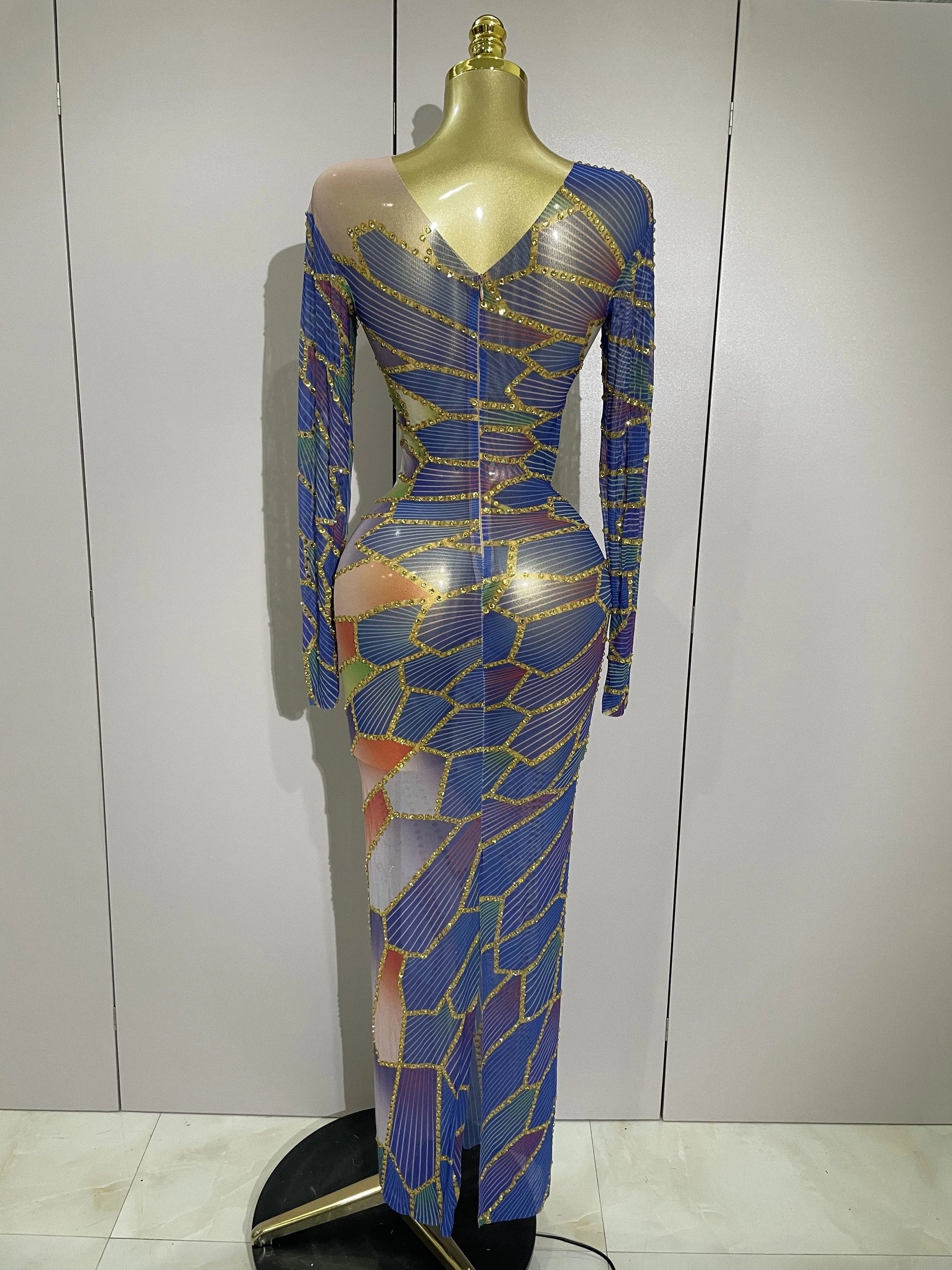 Luxury Sparkly Rhinestone Stretchy Mesh See Through Long Dress Women Birthday Party Performance Nightclub Stage Costume