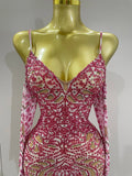 Sexy Sparkly Rhinestones Mesh Mini Dress With GlovesWomen Evening Birthday Party Celebrate Costume Dancer Stage Wear