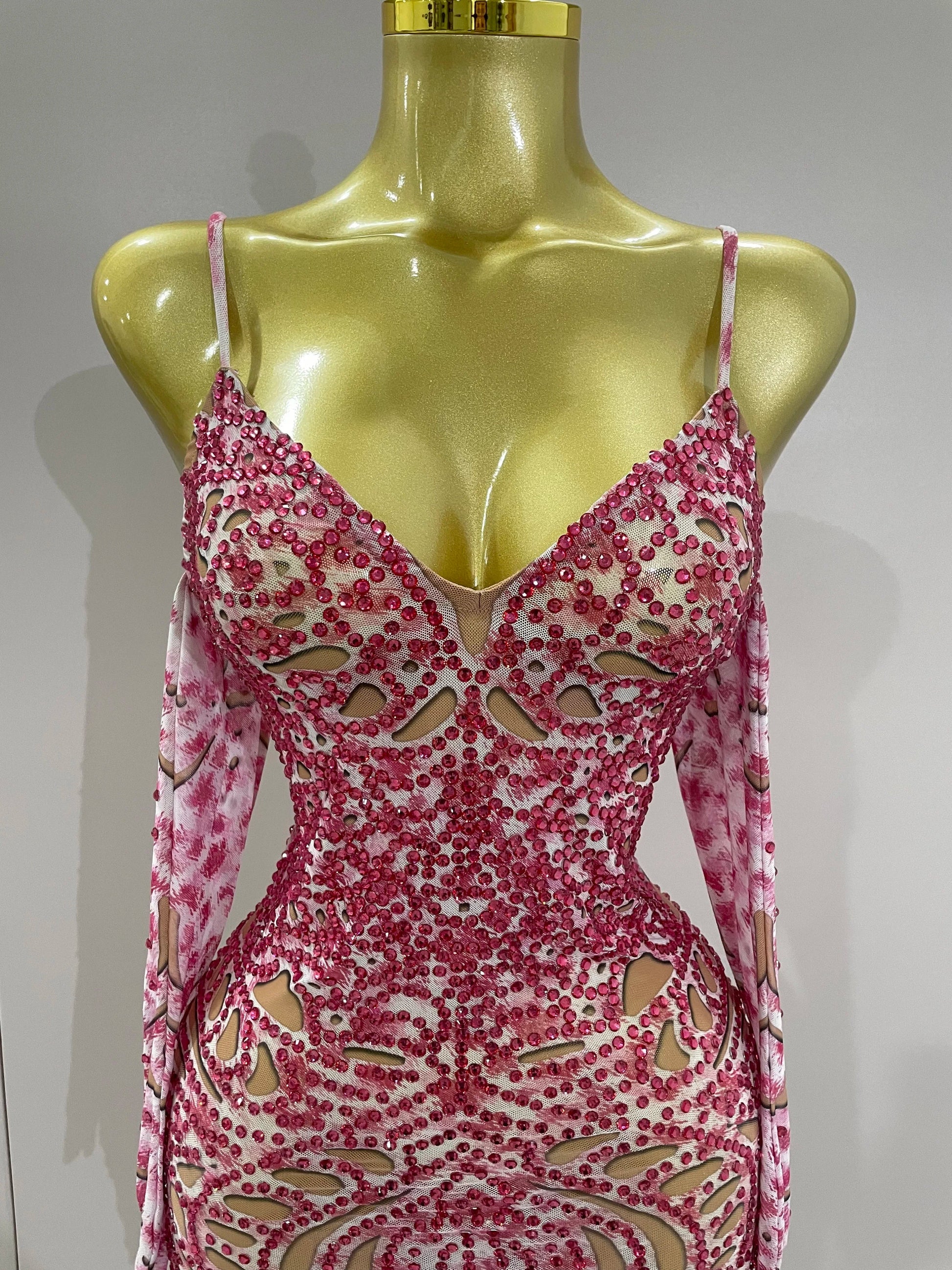 Sexy Sparkly Rhinestones Mesh Mini Dress With GlovesWomen Evening Birthday Party Celebrate Costume Dancer Stage Wear