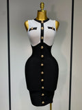 Fashionable Women Bandage Golden Buttons White Black Patchwork Sleeveless Bodycon Elegant Party Dresses WHITE
