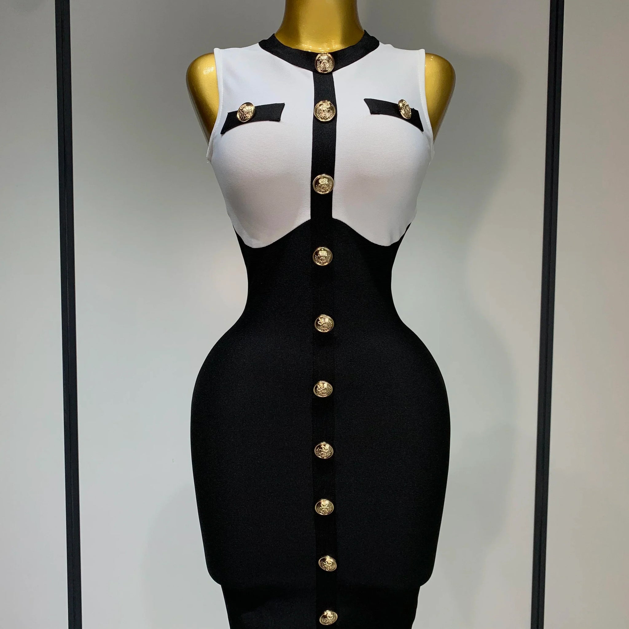 Arrivals Fashionable Women Bandage Golden Buttons White Black Patchwork Sleeveless Bodycon Elegant Party Dresses WHITE