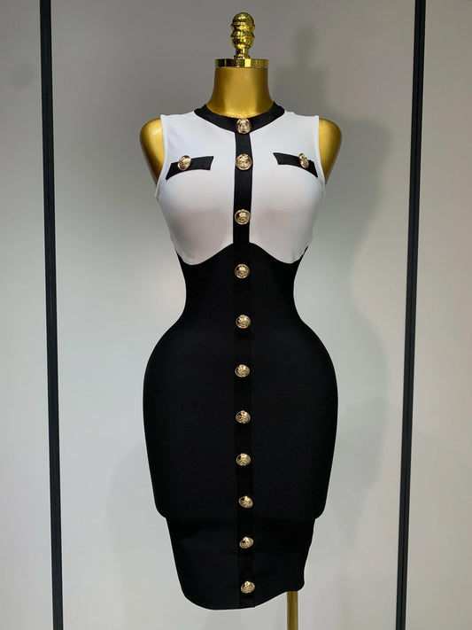 Arrivals Fashionable Women Bandage Golden Buttons White Black Patchwork Sleeveless Bodycon Elegant Party Dresses WHITE