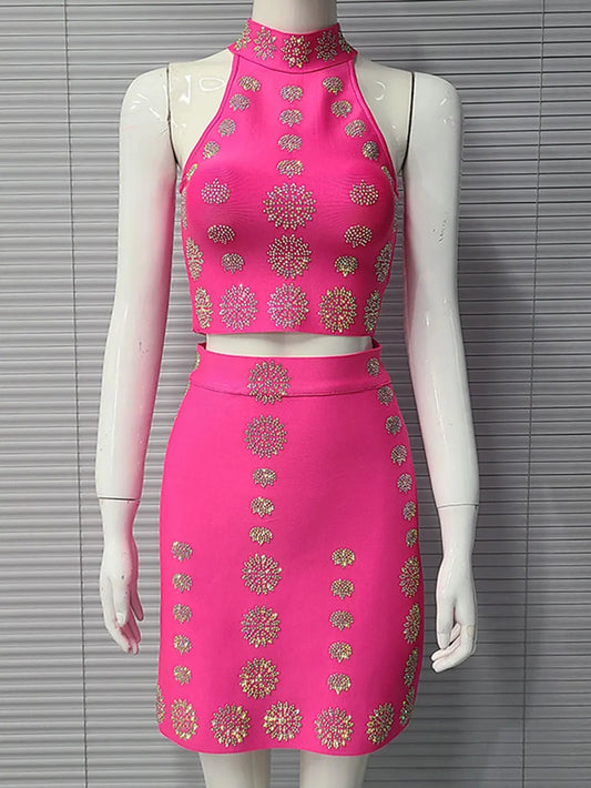 Sexy Women's Hot Diamond Top+Bandage Short Skirt Sets O-neck Sleeveless Short Tank Top+High Waist Short Skirt Two Piece Set