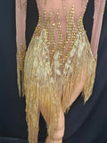 See Through Dress Rhinestone Sequins Tassel Sexy Mesh Women Evening Birthday Party Nightclub Dance Singer Stage Perform Outfit