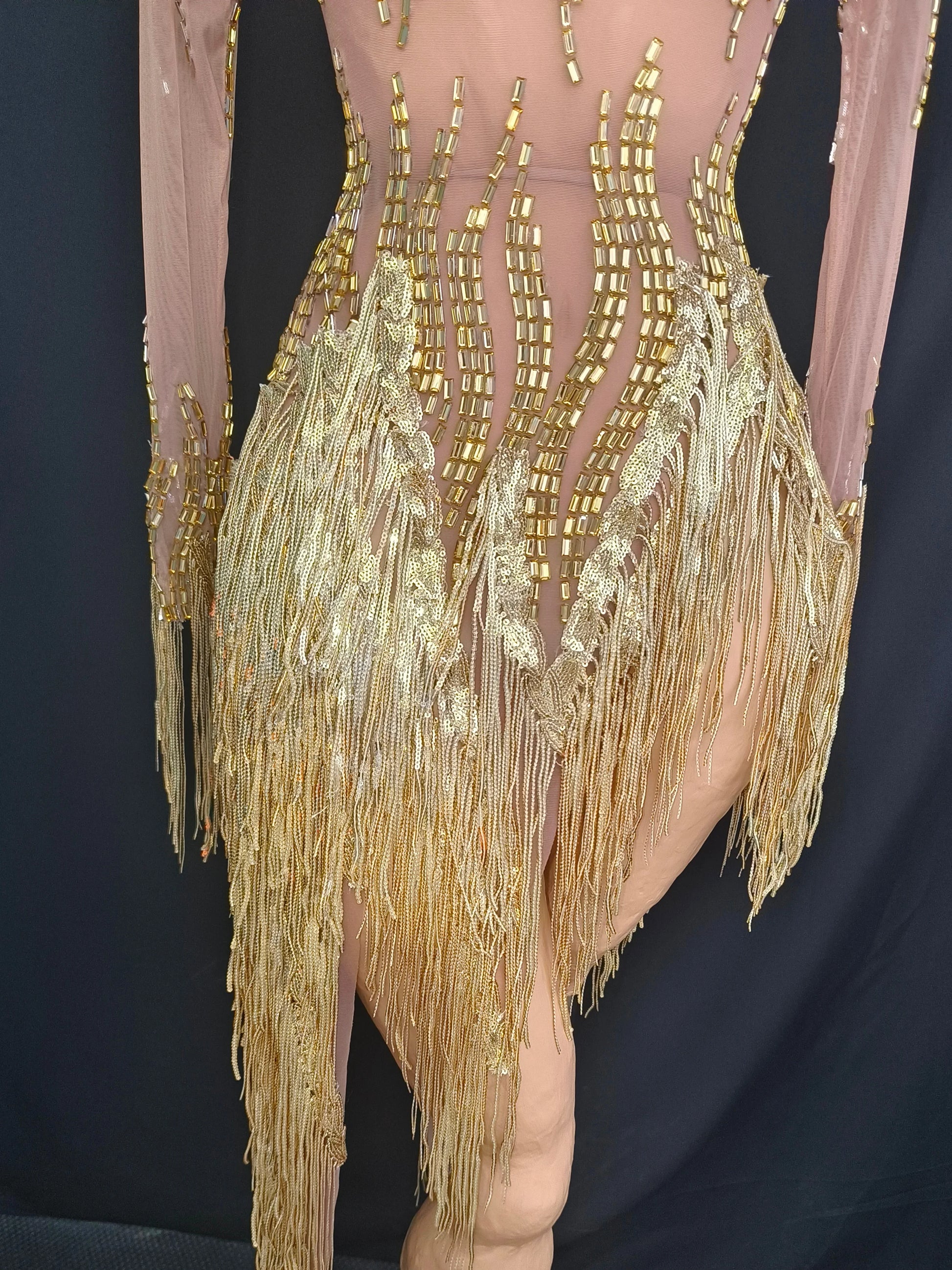 See Through Dress Rhinestone Sequins Tassel Sexy Mesh Women Evening Birthday Party Nightclub Dance Singer Stage Perform Outfit