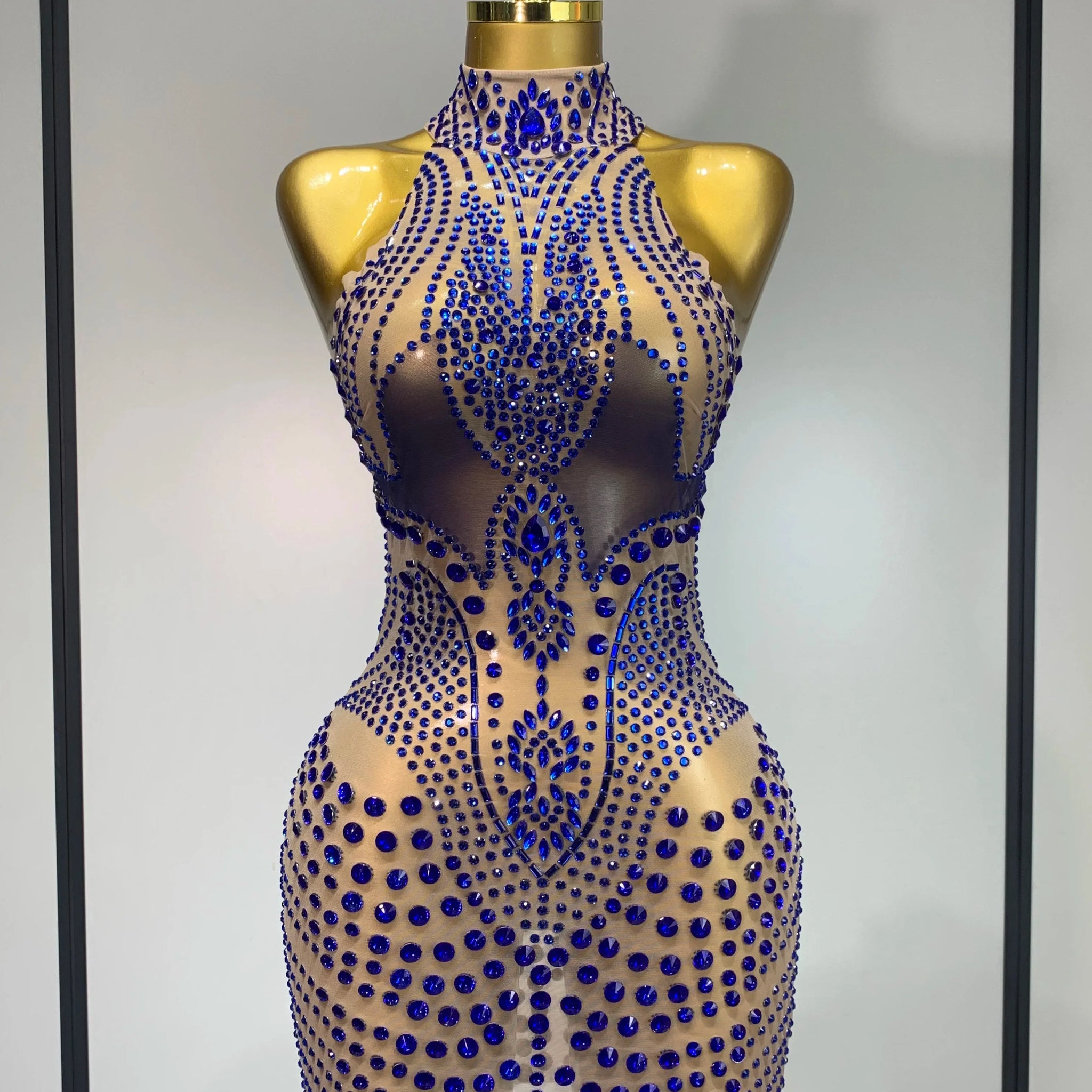 Luxury Birthday Dress Women Rhinestones Sexy Transparent Mesh Mini Dress Evening Party Nightclub Stage Performance Costume Blue