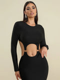 Spring Women's Open Waist Design Black Bandage Dresses O-Neck Long Sleeve Bodycon Long Dress Evening Club Party Vestidos