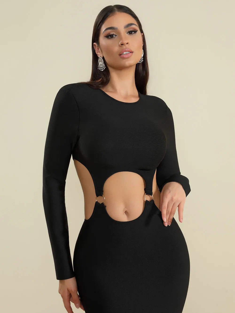 Spring Women's Open Waist Design Black Bandage Dresses O-Neck Long Sleeve Bodycon Long Dress Evening Club Party Vestidos