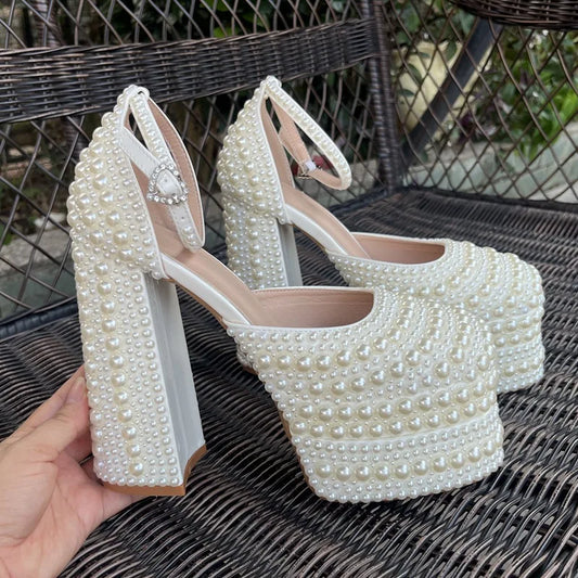 Luxury Handmade Full Pearls Beaded Platform Wedges Women Pumps Fashion Chunky Heeled Ultra High heels Banquet Dress Wedding Shoe