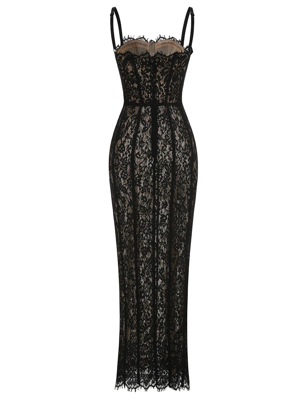 Elegant Lace Spaghetti Strap Long Dress Women Slim Sleeveless Sling Evening Party Gowns Summer Female Fashion Robe