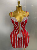 Sexy Sparkly Rhinestones Mesh See Through Short Slip Dress Women Evening Birthday Party Prom Nightclub PhotoShoot Stage Wear Red