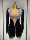 Luxury Birthday Dress Sparkly Crystals Sexy Mesh Velvet Short Dress Women Elegant Evening Party Nightclub Stage Costume black