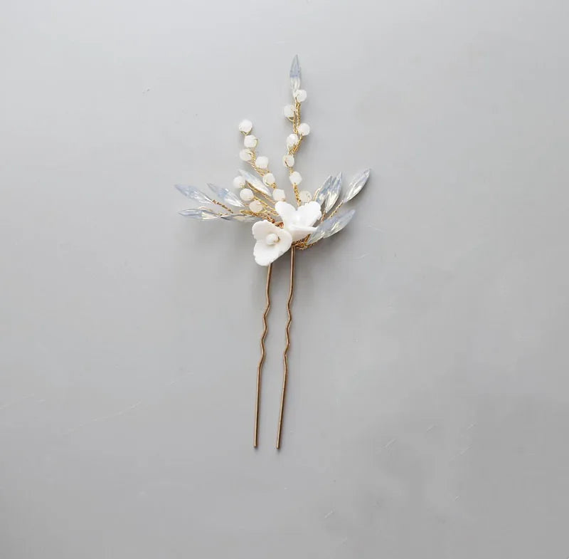 Wedding Accessories Porcelain Flower Head Pieces Opal Hair Comb Pin Clip For Brides Women Gold Color Hairpins Bridal Jewelry a