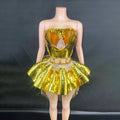 Gold Shinning Sequins Women Sexy 2 Pieces Bodycon Mini Dress Celebrate Birthday Party Performance Costume Stage Wear Gold
