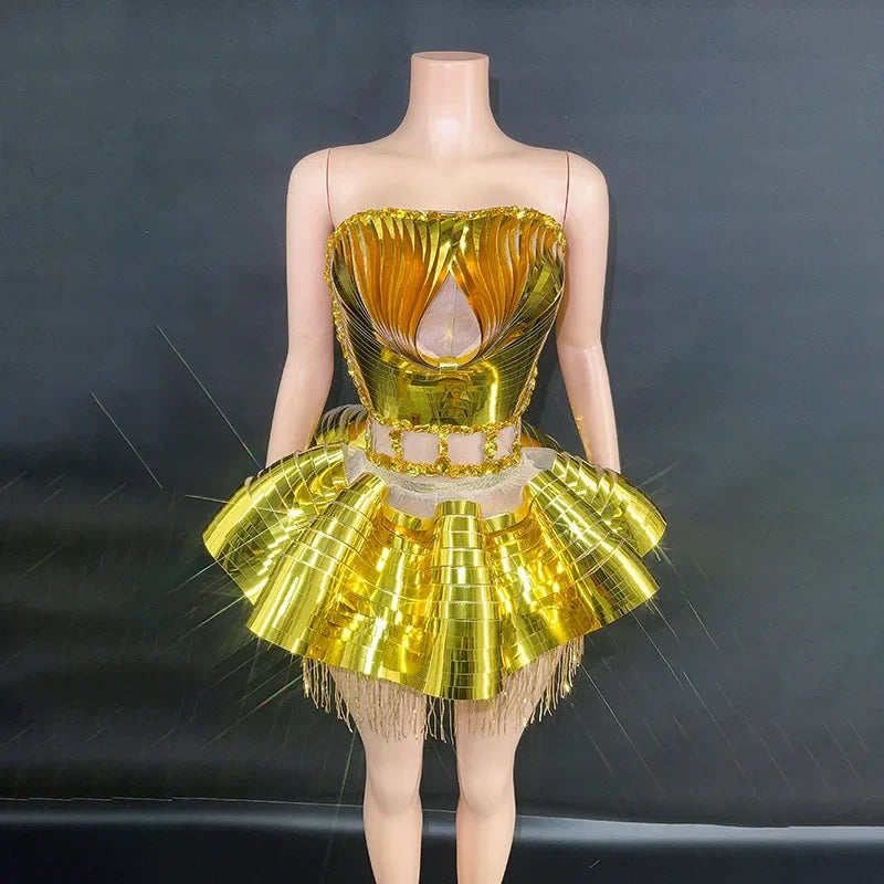 Gold Shinning Sequins Women Sexy 2 Pieces Bodycon Mini Dress Celebrate Birthday Party Performance Costume Stage Wear Gold