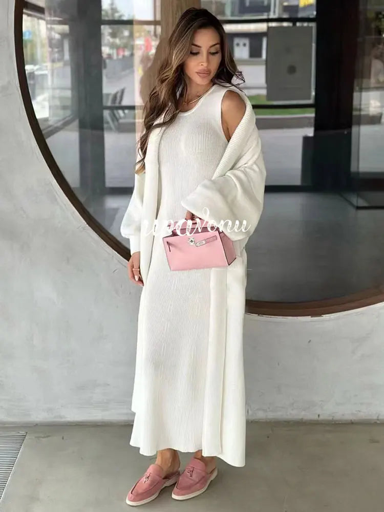 Casual Solid Knitted Sweater Long Dress Set Women Long Sleeve Loose Long Cardigan Coat&Sleeveless Mid length Dress Two Piece Set WHITE