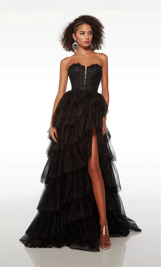 Black Tulle Prom Dresses Strapless V-neck A-line Wedding Dress Elegant Sleeveless Sexy Side Split Vestidos De Fiesta As Picture