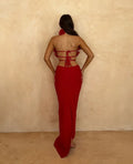 Red Color Women Sexy Halter Florals Keyhole Bodycon Long Bandage Dress Laced-up Backless Nightclub Party Celebrate Wear