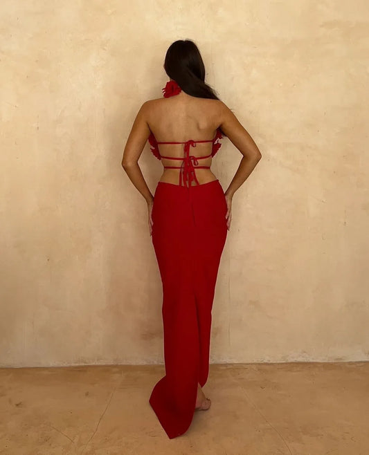 Red Color Women Sexy Halter Florals Keyhole Bodycon Long Bandage Dress Laced-up Backless Nightclub Party Celebrate Wear