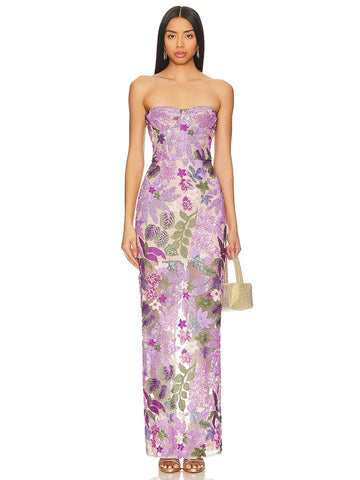 Strapless Sheath Mid-Calf Mesh Dress with Sequin Floral Embroidery in Organza Fabric for Elegant Evening Party Lavender