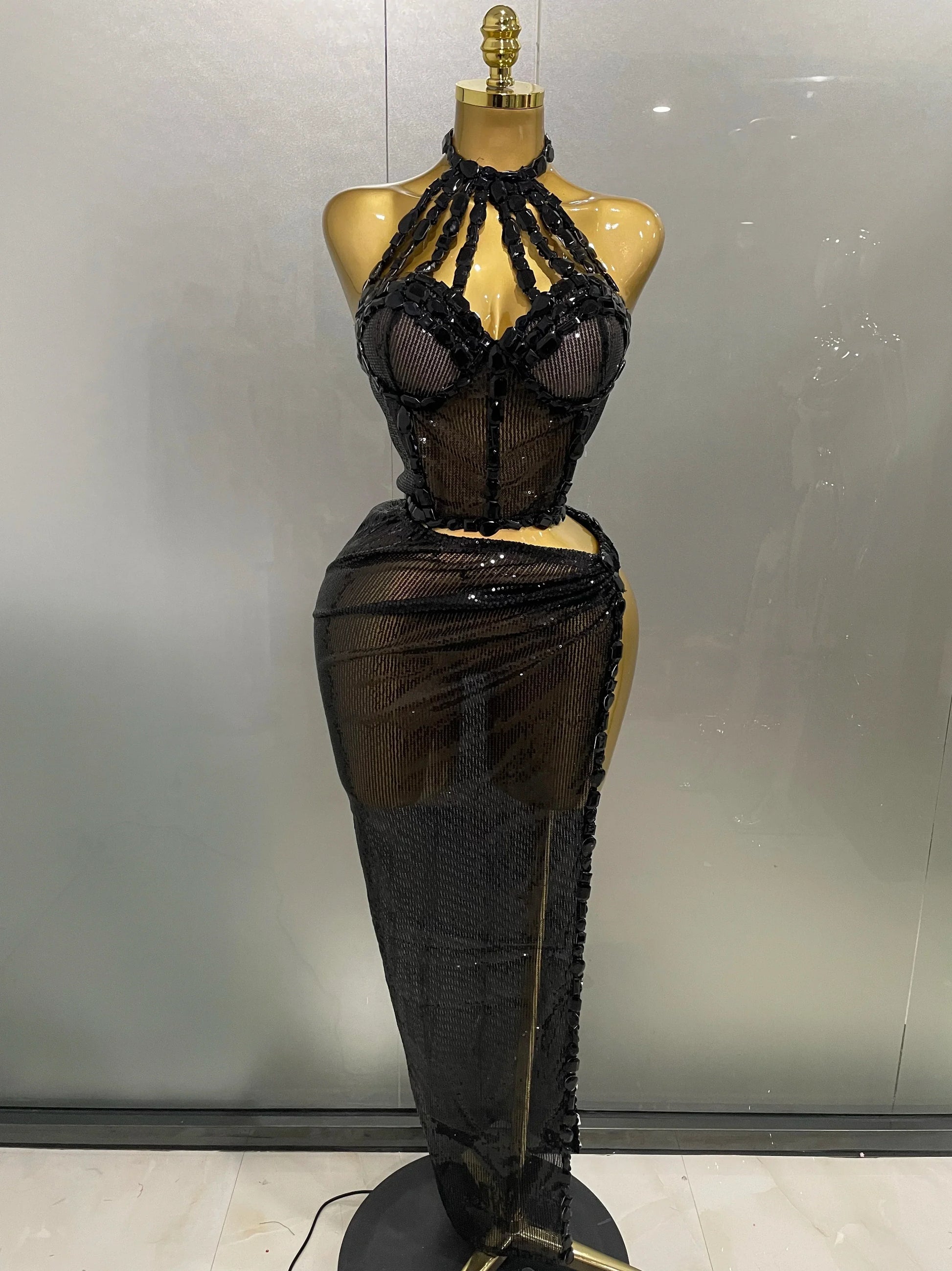Sexy Luxury Shiny Diamond Sequins Cocktail Dress 2Pcs Set Women Evening Celebrate Birthday Party Nightclub Stage costume black