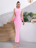 2024 Sexy Women'S Waist Exposed Pearl Flower Design Bandage Dress O-Neck Sleeveless Bodycon Long Dress Christmas Party Vestidos