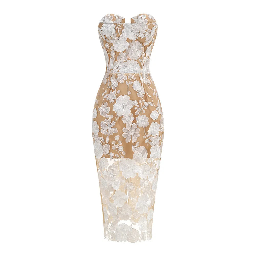 Red White Color Women Sexy Strapless Embroidery Bodycon Midi Dress Celebrate Nightclub Party Evening Birthday Dress Wholesale WHITE