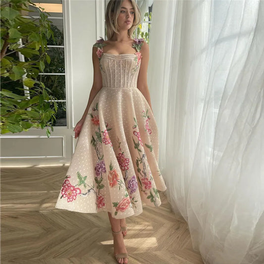 Elegant Prom Dress Spaghetti Strap 3D Flower Appliques Ruched Tea-Length Gowns Homecoming Dress Graduation Party As Picture