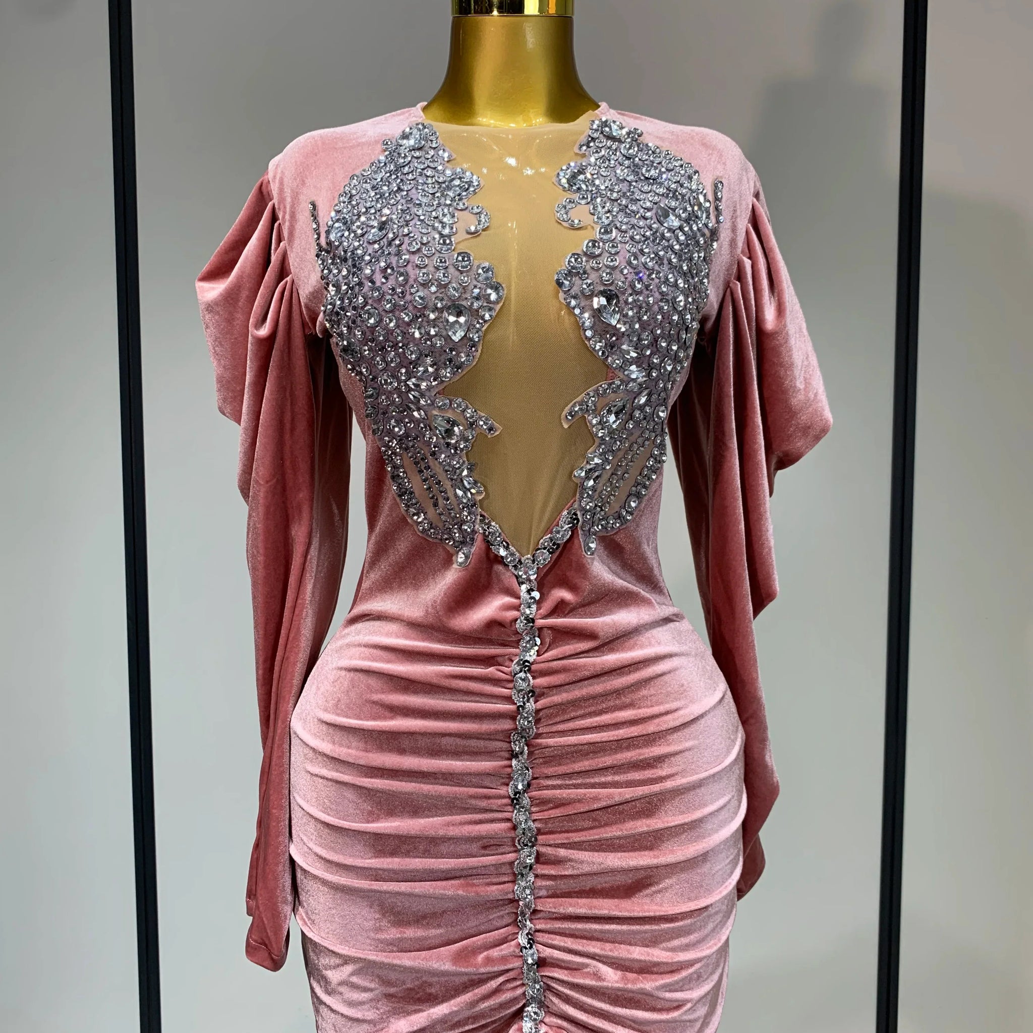 Luxury Birthday Dress Sparkly Crystals Sexy Mesh Velvet Short Dress Women Elegant Evening Party Nightclub Stage Costume Pink