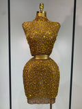 Luxury Rhinestone Mesh See Through Celebrate Birthday Dress Sparkly Top Short Skirt Two Pieces Sets Performance Stage Costume Gold